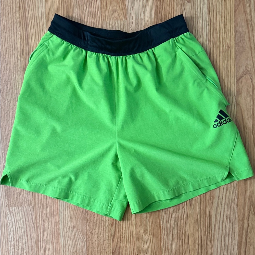 adidas Men’s Neon Green Athletic Shorts with Black Waistband
